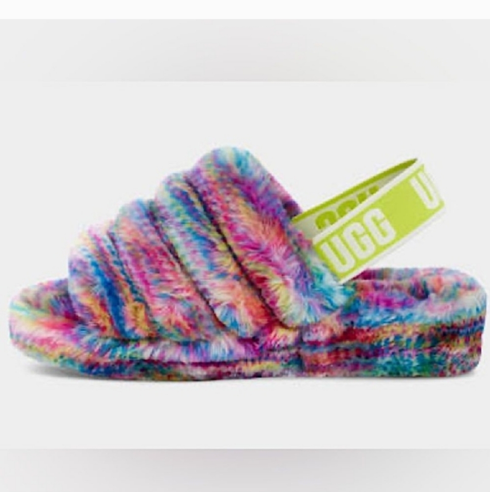 UGG Fluff Yeah Rainbow Fuzzy Slip on Sandals Sz 6